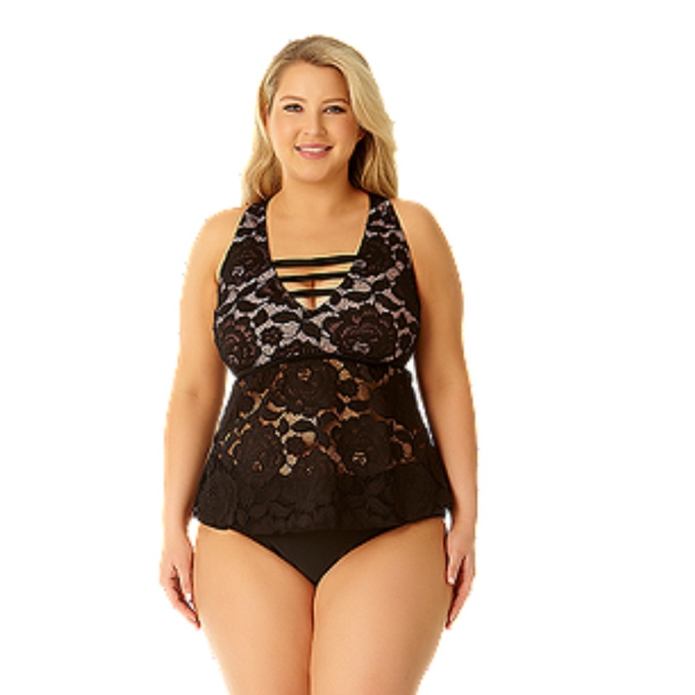 Allure Lace Black and Pink Tie Back Tankini 1X 14/16